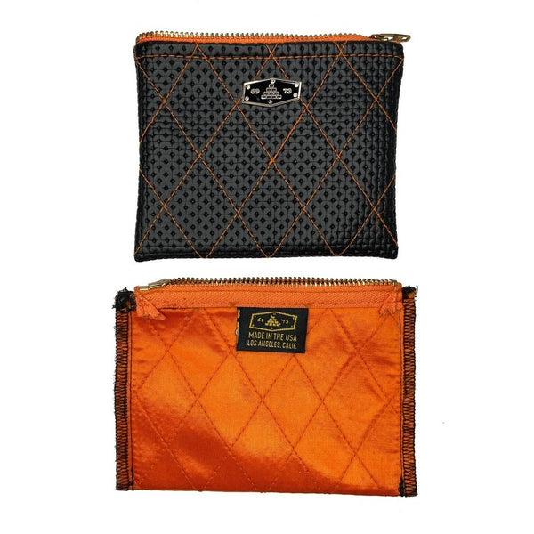 DIAMOND-QUILT ZIP WALLET MADE IN USA BLACK ORANGE