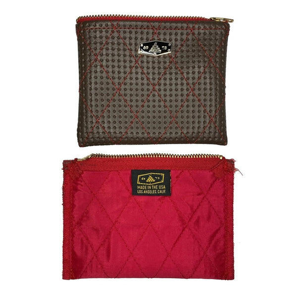 DIAMOND-QUILT ZIP WALLET MADE IN USA DARK BROWN RED