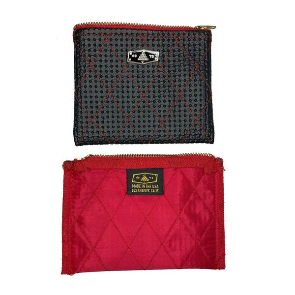 DIAMOND-QUILT ZIP WALLET MADE IN USA BLACK/RED